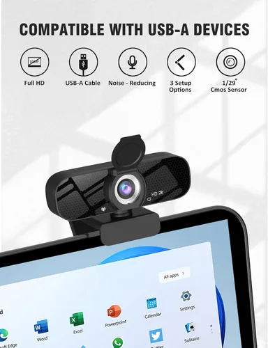 Vista 3 de Cámara web Full HD con micrófono integrado y trípode giratorio, video 2K y cámara gran angular, cubierta de privacidad, para PC de escritorio