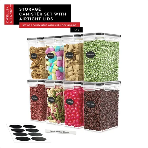 Vista 8 de DWËLLZA KITCHEN Juego de recipientes herméticos para almacenamiento de alimentos, 8 piezas, 1.4 litros, recipientes de plástico sin BPA