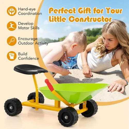 Vista 5 de Costzon Carretilla para niños, para exteriores, con asiento cómodo, 4 ruedas, mango ergonómico y marco de acero resistente, herramienta de juego