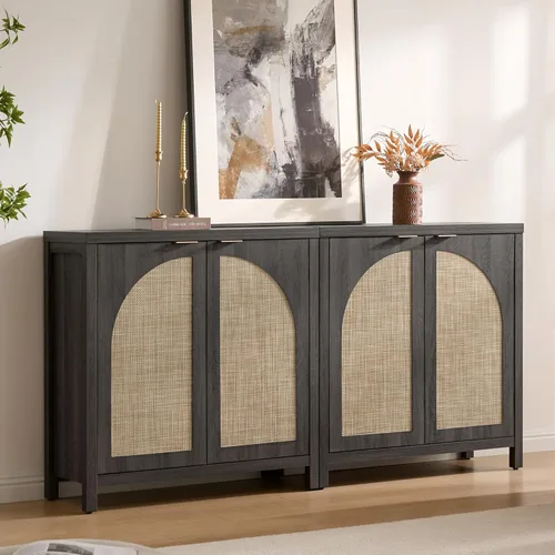 Vista 9 de SICOTAS - Aparador de buffet con almacenamiento de ratán, gabinete de credenza moderno con puertas de arco y estantes ajustables, gabinetes