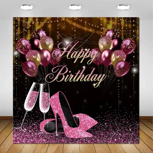 Avezano Telón de fondo de cumpleaños con purpurina rosa y negro para niñas y mujeres, sesión de fotos, pancarta de fiesta de feliz cumpleaños,