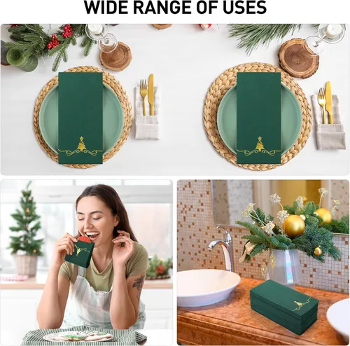 Vista 7 de Paquete de 100 Servilletas Desechables de Invitados de Navidad de 12 x 17 Pulgadas Servilletas de Árboles de Navidad con Papel Dorado Toallas