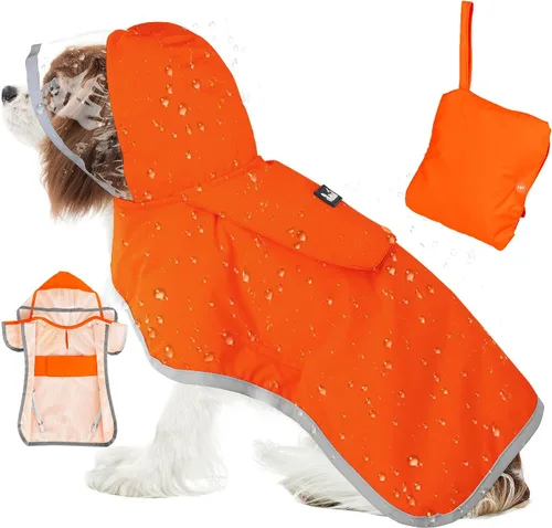 Vista 9 de SlowTon Chubasquero para perros, chaqueta de lluvia ajustable para perros con capucha transparente de doble capa, poncho impermeable con tiras