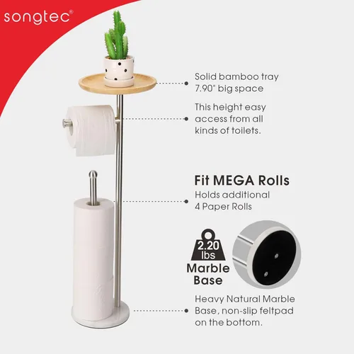Vista 5 de Soporte para papel higiénico con bandeja grande de bambú de 7.9 pulgadas, base de mármol más pesada de 2.2 libras, soporte de papel de pie