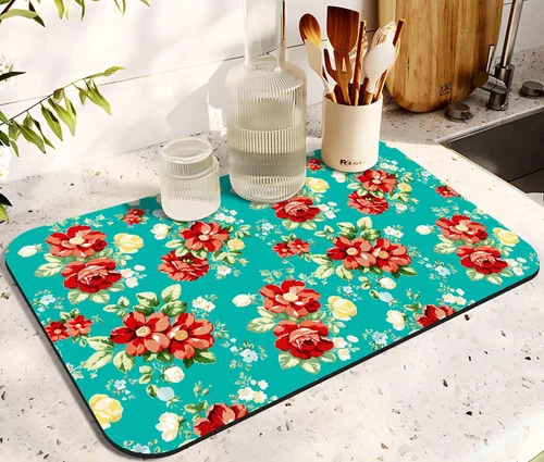 Vista 15 de Tapete de secado de platos de goma para encimera de cocina grande con diseño de limón, lavable, almohadilla de secado rápido para el hogar y café