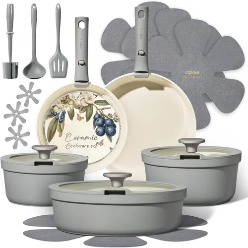 CAROTE 20pcs sistemas de utensilios de cocina de cerámica, ollas Gris
