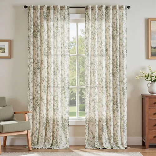 Vista 46 de JINCHAN Cortinas de mezcla de lino con flores para sala de campo francés, cortinas para sala de estar de 84 pulgadas de largo, cortinas impresas