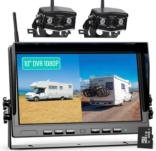 Sistema de cámara de respaldo inalámbrico de 10 pulgadas, sistemas de cámara digital HD 1080P con monitor DVR Quad Split de 10 pulgadas para camión,