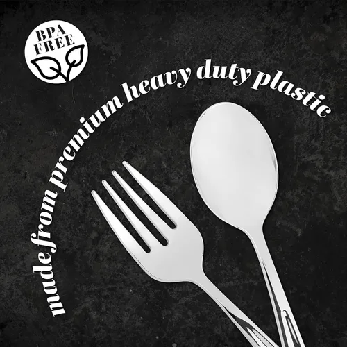 Vista 5 de Plasticpro Utensilios desechables de plástico plateado para servir, 6 tenedores y 6 cucharas de servir, utensilios de servicio duraderos