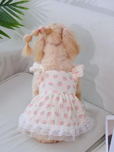 Vista 4 de QWINEE Vestido de princesa para perro, con ribete de volantes, vestido de chaleco para gato, vestido de verano con ribete de encaje, ropa para Multi