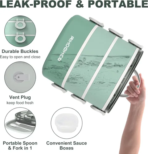 Vista 5 de RIKDOKEN Lonchera apilable de 3 capas, caja Bento portátil de 94 onzas de gran capacidad a prueba de fugas con cuchara, tenedor y cajas de salsa