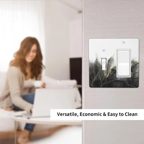 Vista 6 de Cubiertas de tomacorrientes, mármol negro y dorado, hojas blancas doradas, 1 palanca, 1 combinación basculante, placa decorativa de pared, placa