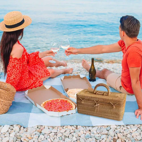 Vista 3 de Cesta de té de ratán con tapa, contenedor de almacenamiento rectangular con rejilla dividida de ratán agitado, organizador de almacenamiento