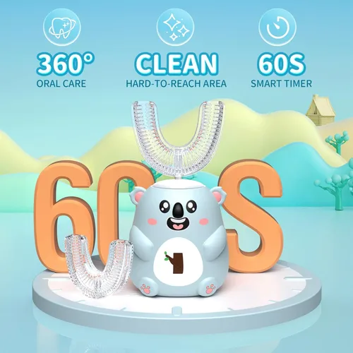 Vista 4 de Cepillo de dientes eléctrico en forma de U para niños, limpieza sónica automática de 360°, 6 modos, 4 cabezales de cepillo, bonito diseño de koala