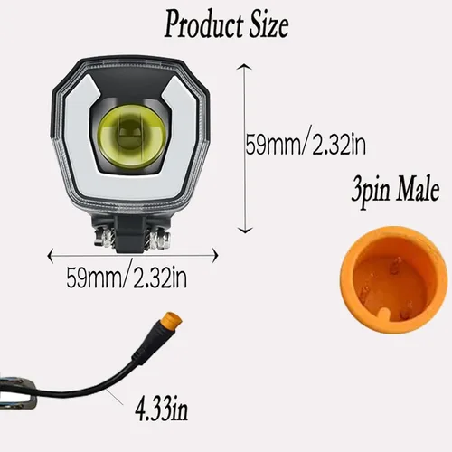 Vista 5 de Faro eléctrico para bicicleta de noche, conector macho de 3 pines, luz delantera LED, 24 V, 36 V, 48 V, 52 V, impermeable, ultra brillante, luz