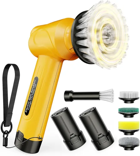 Vista 8 de Qimedo Cepillo Giratorio de Mano con Mango Largo Extendido, Cepillo Eléctrico Recargable para Limpieza, Cepillo Inalámbrico para Platos con 6