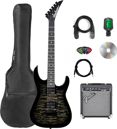 Jackson JS Series Dinky JS11Q Electric Guitar - Transparent Black Bundle with Frontman 10G Amplifier, Gig Bag, Tuner, Strap, Cable, Picks, and