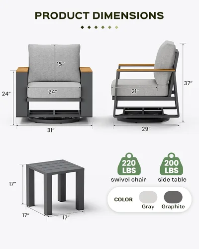 Vexwalx Sillas giratorias de aluminio de lujo para patio al aire libre con juego de mesa, juego de muebles de conversación de patio de 3 piezas de