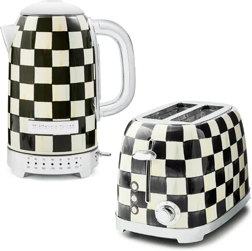 MACKENZIE-CHILDS Paquete de hervidor eléctrico de acero inoxidable con tostadora de 2 rebanadas de acero inoxidable, a cuadros cortantes en blanco y
