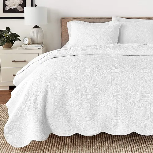 Vista 17 de Cozy Line Home Fashions - Juego de edredón de cama de algodón 100% Victoriano con medallón sólido blanco, matelassé, grabado, reversible, ligero