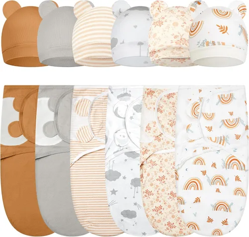 Vista 11 de Ramede - Juego de 6 Mantas para Envolver con Gorras para Bebé Niña o Niño, 100% Algodón, 0-3 Meses, Ajustable, Transpirable, Amigable para la Piel