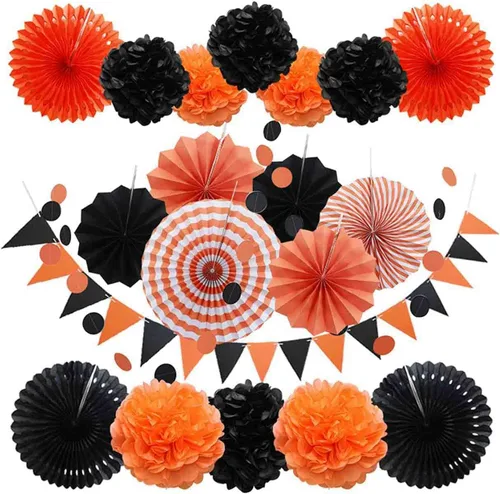 Juego de decoración de fiesta, 20 piezas de pompones de flores, abanicos de papel colgantes, banderas triangulares y guirnaldas de lunares para