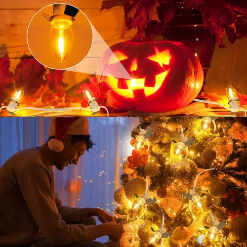 Vista 7 de Luces LED de Molde Soplado C7 de Villa Navideña. 6 pies con Interruptor y Fusible, Adecuadas para Linternas de Calabaza de Halloween de Interiores