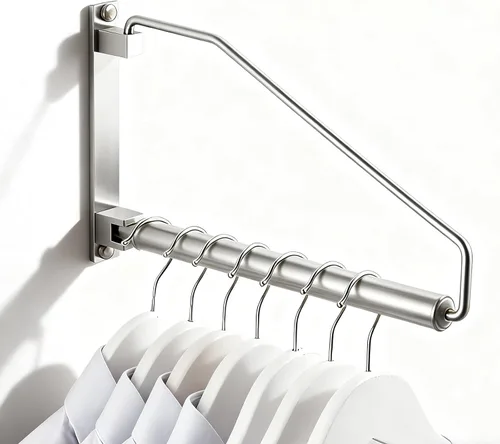 Vista 8 de NEWRAIN Estante de secado de ropa, estantes para secar ropa, colgador de ropa con brazo oscilante montado en la pared para lavandería, garaje, uso