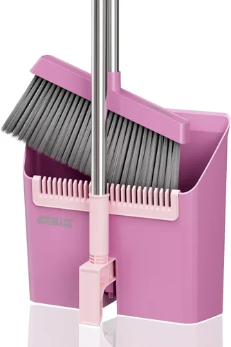 Vista 12 de JOYMOOP Juego de escoba y recogedor negro, diseño de ángulo vertical con dientes de peine integrados para el hogar, oficina, suelos de madera dura