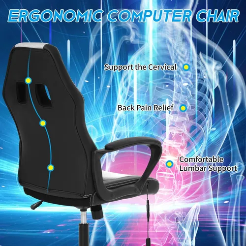 Vista 4 de BLKMTY Silla de juegos de PC, silla de escritorio ergonómica de masaje, sillas de carreras de piel sintética ajustable con soporte lumbar, Blanco