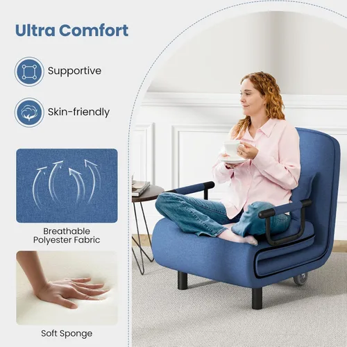 Vista 8 de KOMFOTT Silla convertible, silla de dormir con respaldo ajustable de 5 posiciones y almohada lumbar, 2 patas de metal ocultas y 2 ruedas