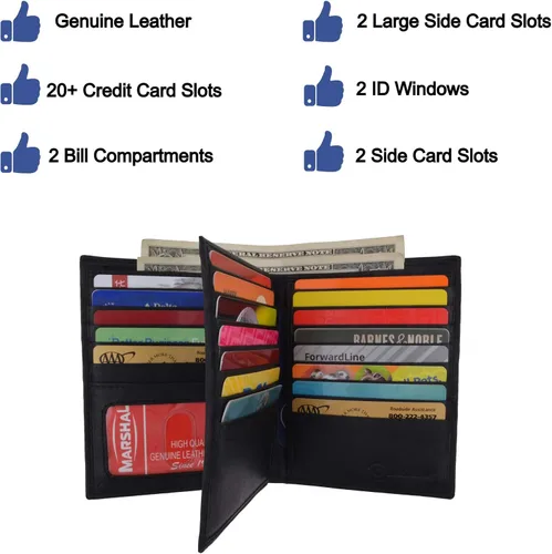 Vista 3 de Marshal Billetera europea para hombre Hipster Bifold de cuero genuino con múltiples tarjetas de identificación, Negro -, Billetera plegable