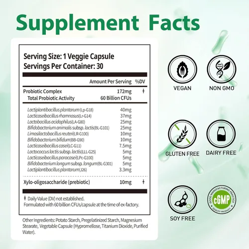 Vista 2 de Probióticos 60 mil millones de UFC, 11 cepas diversas prebióticos probióticos para mujeres y hombres, inmune, digestiva e intestinal apoyo