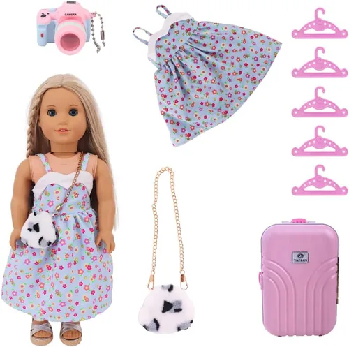 9pcs 18 Inch Girl Doll Clothes and Accessories Doll Accessories Dress Case Luggage Travel Play Set with Sleeping Bag Eye Mask Sleeping Pillow Camera