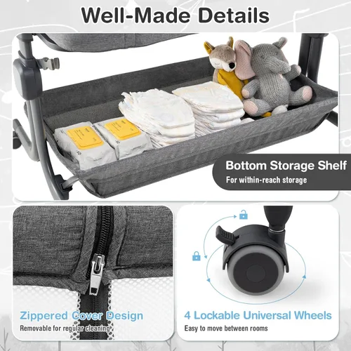 Vista 4 de INFANS Cuna de bebé 3 en 1, cama de noche con colchón cómodo, ruedas, 6 altura ajustable, cesta de almacenamiento, bolsa de viaje, cuna portátil