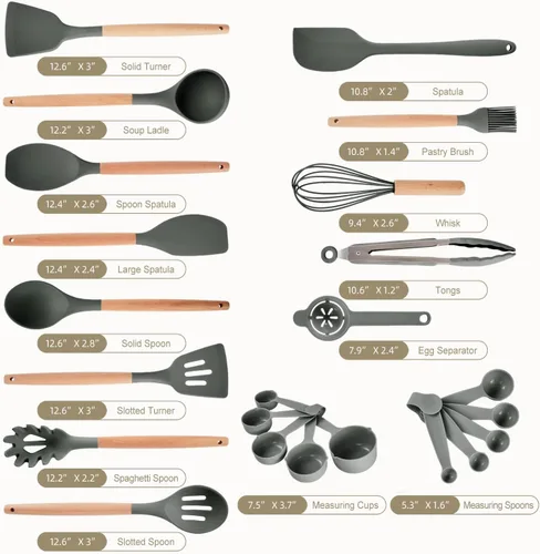 Vista 7 de Juego de utensilios de cocina - 34 piezas de utensilios de cocina de silicona antiadherentes con mango de madera, juego de herramientas de cocina