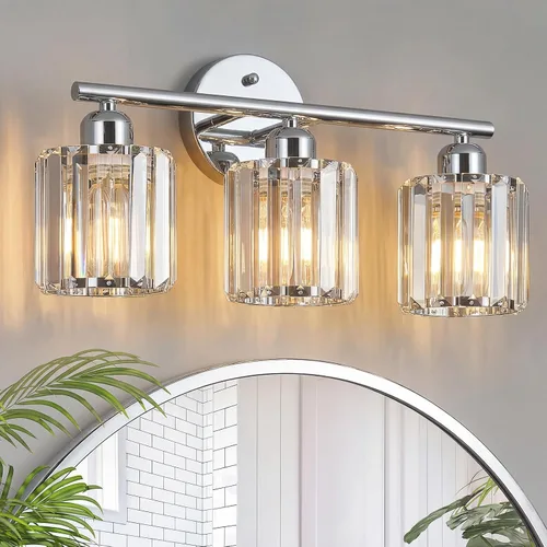 Vista 19 de Moderna lámpara de tocador de cristal de 2 luces, lámpara vertical negra sobre espejo para tocador y fregadero, compatible con bombillas regulables