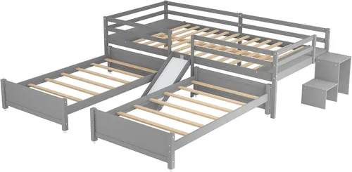 Vista 7 de Delicada cama de plataforma matrimonial sobre individual y individual con tobogán integrado, escalera de almacenamiento pequeña y barandilla