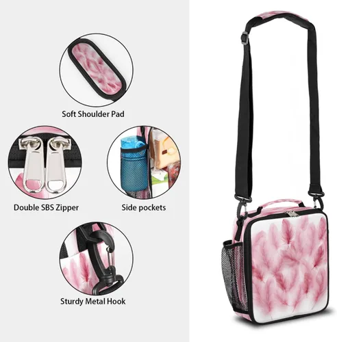 Vista 2 de Flamingo Feather Pattern Kids Lunch Bag, Insulated Lunch Box for School Reusable Lunch Tote with Shoulder Strap Leakproof Waterproof for Boys Girls