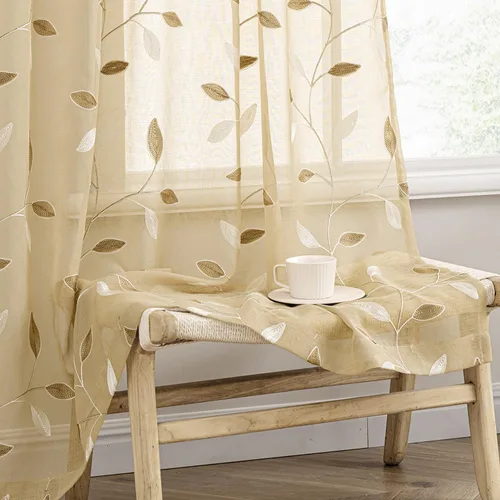Vista 12 de MIULEE Cortinas traslúcidas beige 2 paneles bordados con estampado de hojas, bolsillo para barra, floral, semitransparentes, de lino sintético