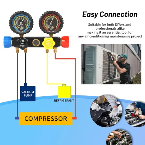 Vista 5 de PB Motor Tech - Juego de manómetros de colector de CA de 4 vías para refrigerantes R22, R134A, R410A, con acopladores rápidos, adaptadores