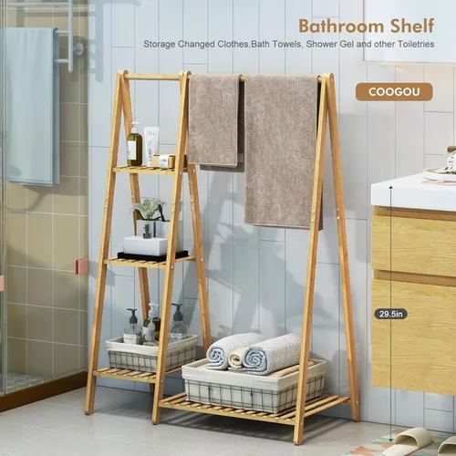 Vista 6 de Percheros pequeños para ropa, perchero para colgar ropa de niños, perchero de madera de bambú con estantes, estante de esquina independiente