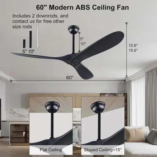 Vista 2 de KBZZ 60 Inch Ceiling Fan NO Light with Remote, 3 Blade ABS Black Ceiling Fan, 6 Speeds Quiet DC Motor Exterior Fan, Indoor Outdoor Ceiling Fan for