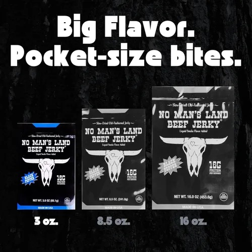 Vista 7 de No Mans Land Beef Jerky - Pimienta negra Tiras de carne seca secadas lentamente, ahumadas y sazonadas Bocadillo de carne de res alto