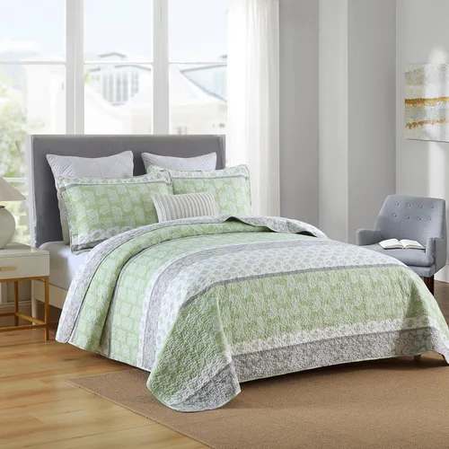 Vista 8 de Juego de edredón de algodón tamaño King, juego de ropa de cama verde y gris, colcha a rayas, juego de edredón ligero de verano de 3 piezas