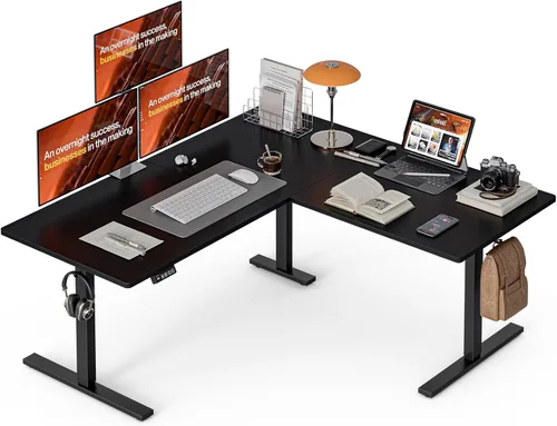 Grandder 63 x 55 Pulgadas Escritorio en Forma de L, Escritorio Eléctrico Ajustable en Altura, Mesa de Esquina para Sentarse y Pararse, Mesa de Negro