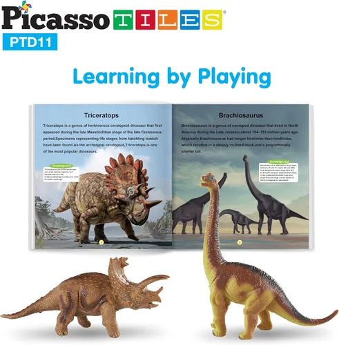 Vista 3 de PicassoTiles Juguetes de dinosaurio con tapete de juego de 32 piezas, juego de dinosaurios, kit de aprendizaje de actividades STEAM con libro