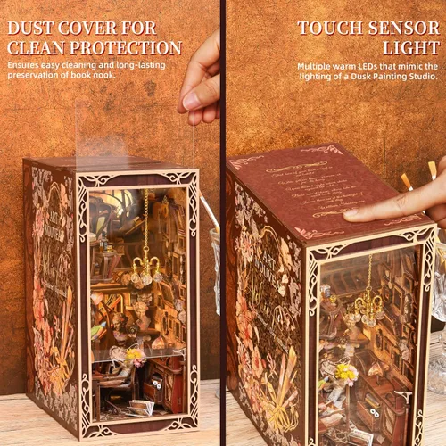 Vista 3 de MiniCity - Kit de rincón de libros en miniatura, rompecabezas de madera 3D con luz LED para decoración de estantería (Día del pintor al anochecer)