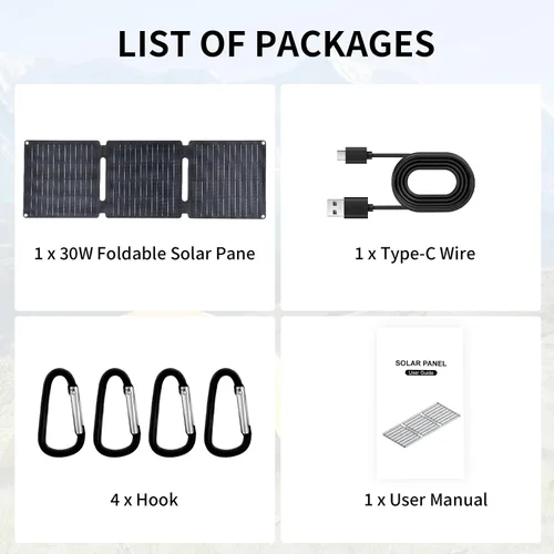 Vista 8 de Panel Solar Portátil de 30W, Cargador de Paneles Solares Plegables para Camping, Senderismo, Actividades al Aire Libre, Kit de Panel Solar