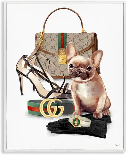 Vista 18 de Stupell Industries Glam Bookstack - Bolso acolchado rosa Bulldog francés, diseñado por Ziwei Li, arte de pared enmarcado negro, 11 x 14, multicolor